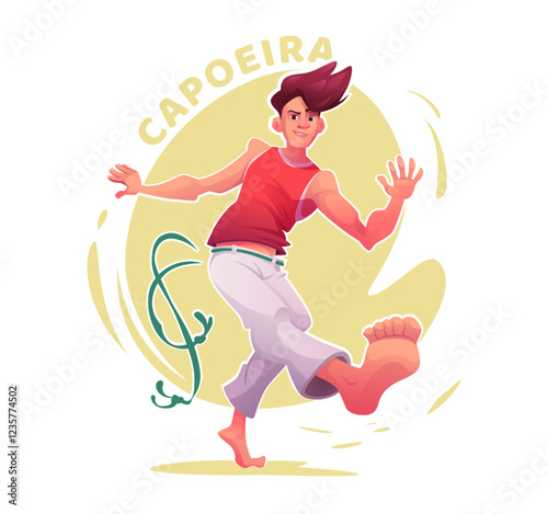 Cartoon capoeira male player practicing combat strike. Capoeira dancer in action pose