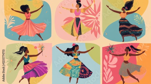 48.A modern International Women's Day card illustrating six women in a celebratory pose, depicted in a flat design style with vibrant colors. Each woman is dressed in attire reflecting her unique photo