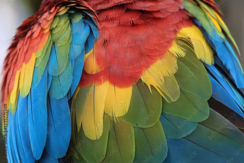 Obraz premium Close-up of Vibrant Parrot Feathers Displaying a Spectrum of Colors