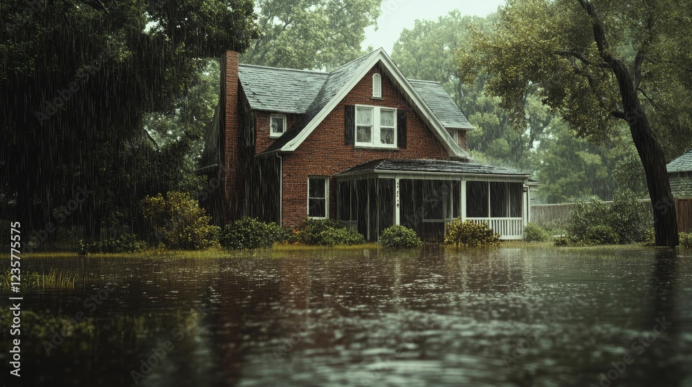 Flooded brick house, rain, lush green trees. Flooded brick house, rain, lush green trees.
