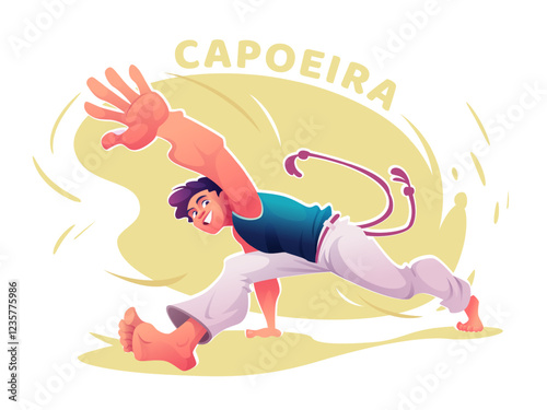 Cartoon capoeira male player practicing acrobatic move. Capoeira dancer in action pose