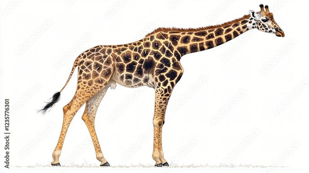 Fototapeta premium Tall Giraffe Standing on Plain White Background Animal with Spotted Skin and Long Neck in Profile View.