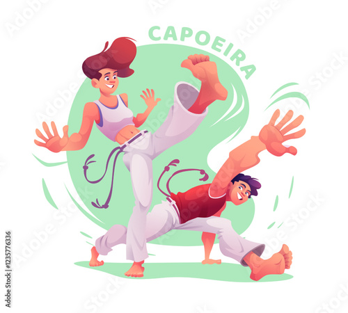 Cartoon capoeira male and female players practicing. Capoeira dancers in action poses