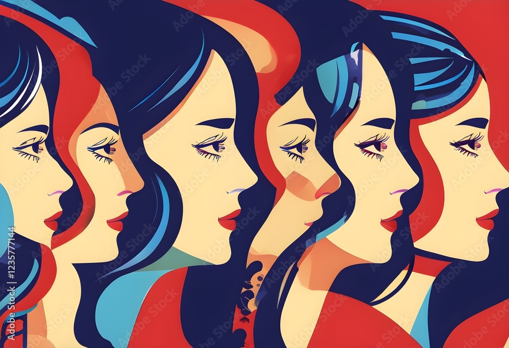 Stylized illustration of superimposed colorful female profiles symbolizing multi-layered personality and generational change Stylized illustration of superimposed colorful female profiles symbolizing multi-layered personality and generational change