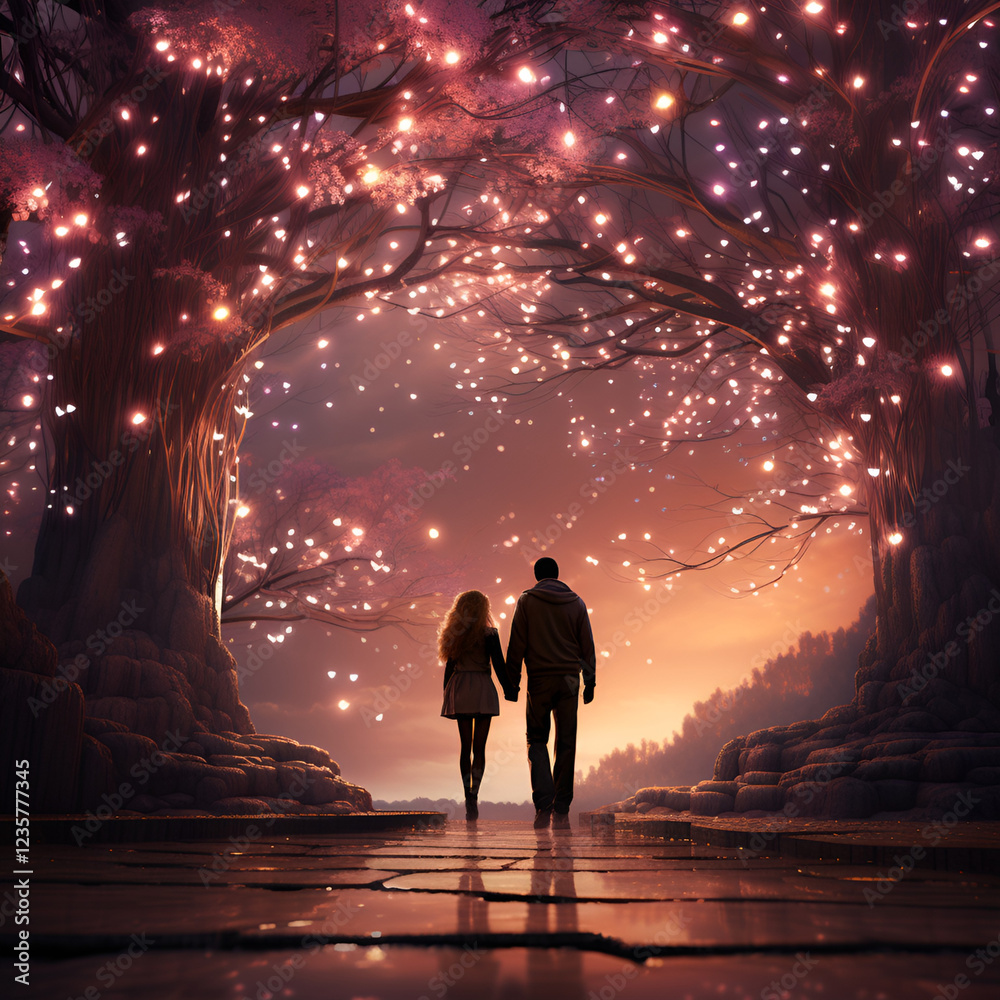 Fototapeta premium Valentine's Day couple illustration sweet romantic moment in watercolor style