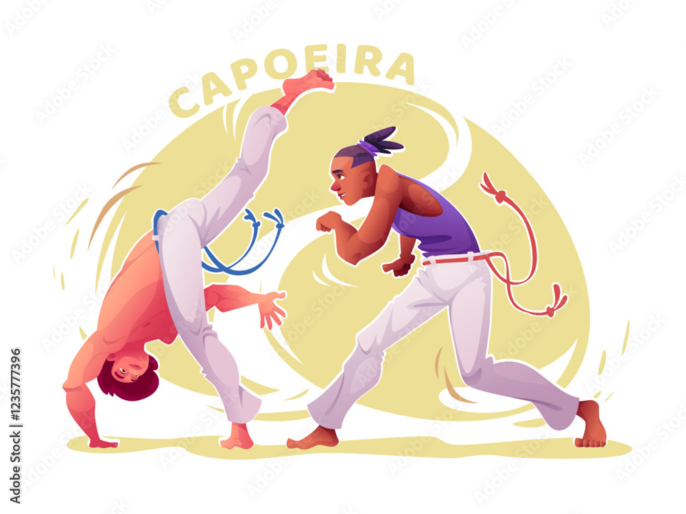 Cartoon capoeira male players practicing. Capoeira dancers in action poses