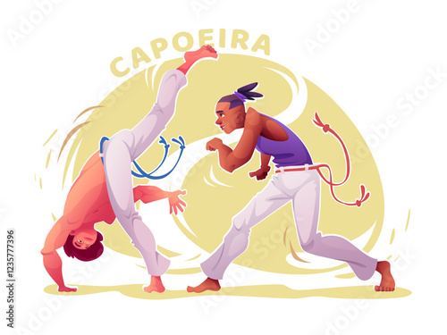 Cartoon capoeira male players practicing. Capoeira dancers in action poses