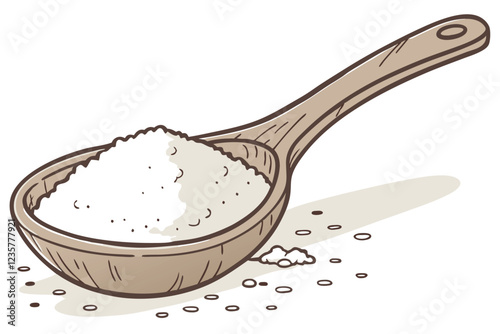Wooden spoon, white powder, flour, baking ingredient, culinary utensil, rustic kitchen, close-up photography, isolated on white background, soft lighting, high detail, minimalist composition, cooking 