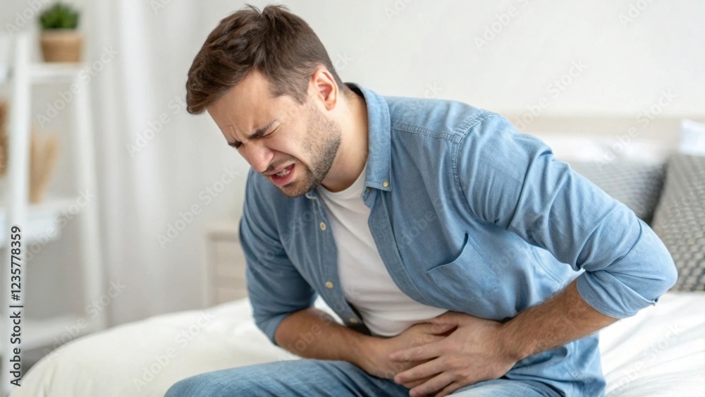 A man sits on a bed, holding his stomach in discomfort, indicating possible pain or distress related to a gastrointestinal issue. A man sits on a bed, holding his stomach in discomfort, indicating possible pain or distress related to a gastrointestinal issue.