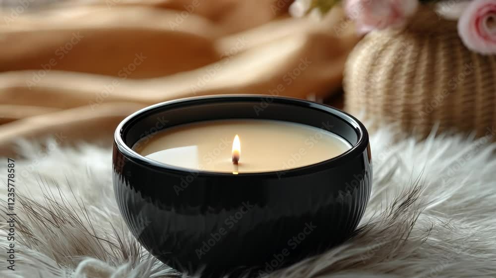 Elegant black candle glowing softly on a plush fur surface with flowers