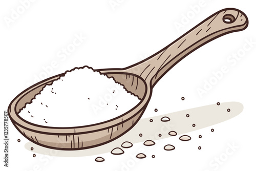Wooden spoon, white powder, flour, baking ingredient, culinary utensil, rustic kitchen, close-up photography, isolated on white background, soft lighting, high detail, minimalist composition, cooking 