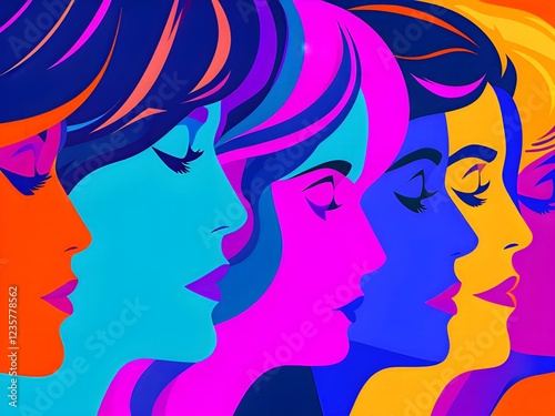 Stylized illustration of superimposed colorful female profiles symbolizing multi-layered personality and generational change photo