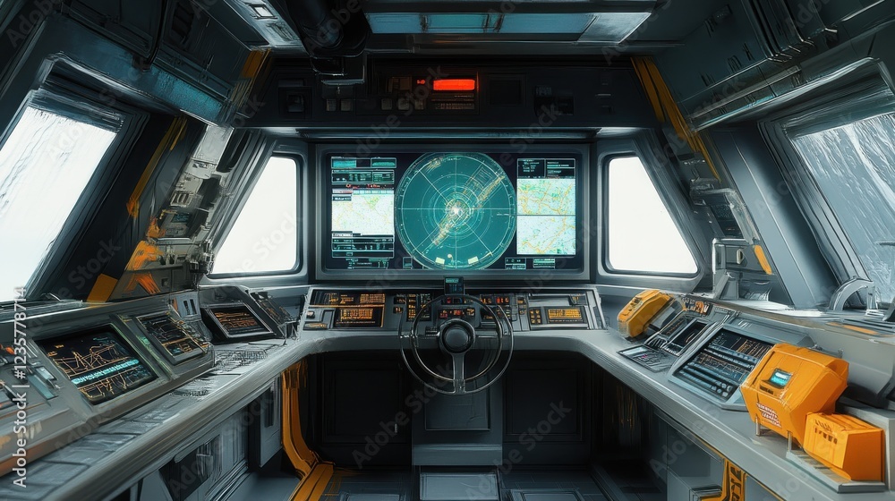 Futuristic control room with advanced radar screens and navigation tools, showcasing a high-tech environment Futuristic control room with advanced radar screens and navigation tools, showcasing a high-tech environment