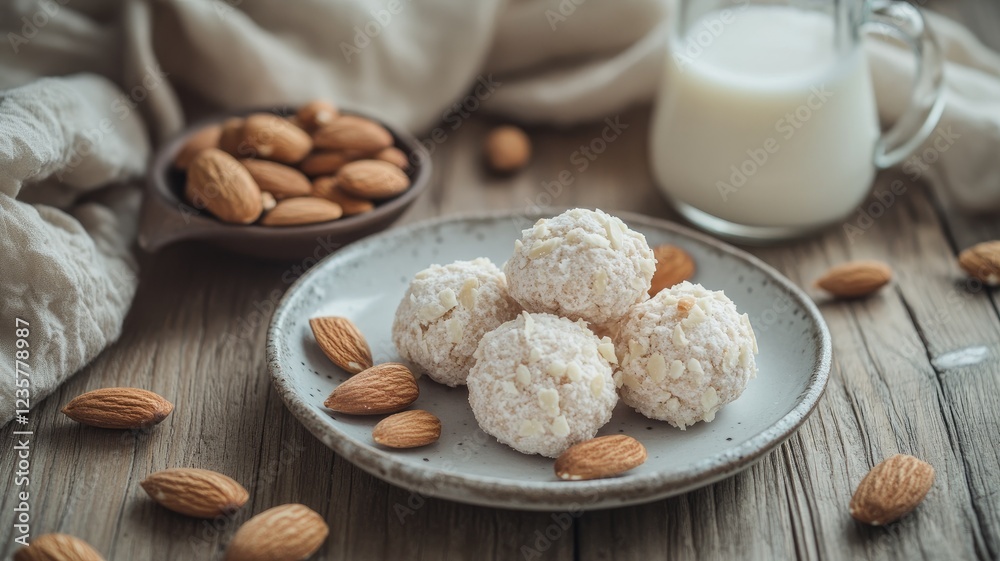 Delicious almond coconut cookies on ceramic plate near milk