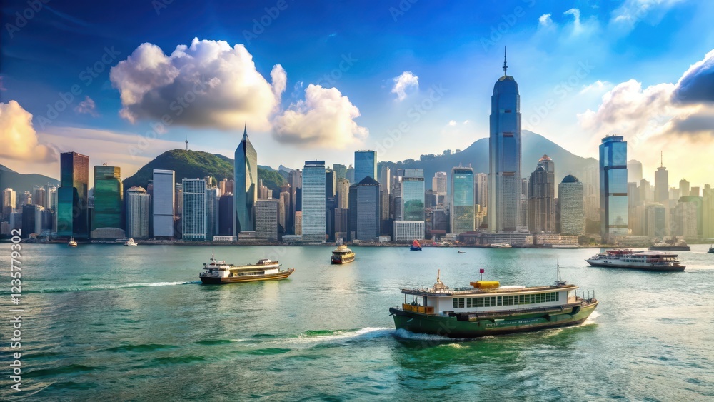 Naklejka premium Sunny day at Hong Kong harbour with sailboats and ferries in the background, cityscape, sunny