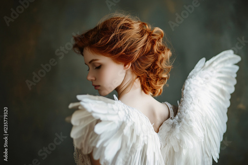 Young female angel with red hair and white feather wings on back