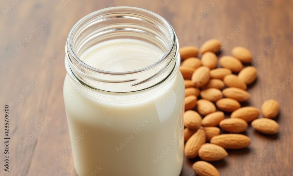 Almond milk in jar with almonds Almond milk in jar with almonds