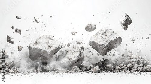 AI-generated image of rocks, dust, and debris falling on a white background.