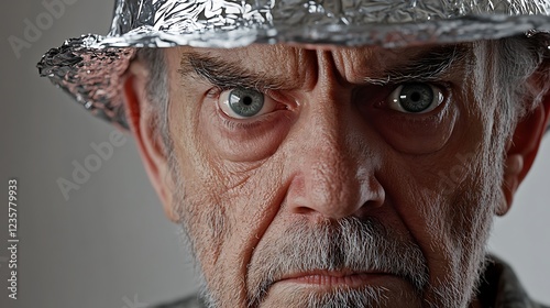 Serious older man with aluminum foil hat in conspiracy theorist portrait