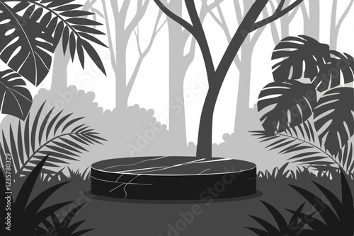 Dark marble pedestal, lush green tropical leaves, moody atmosphere, product display, dramatic lighting, misty background, forest floor, luxury showcase, minimalist design, high contrast, photorealisti