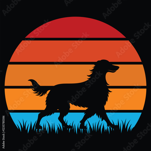 Retro Sunset Illustration with Irish Setter Dog

