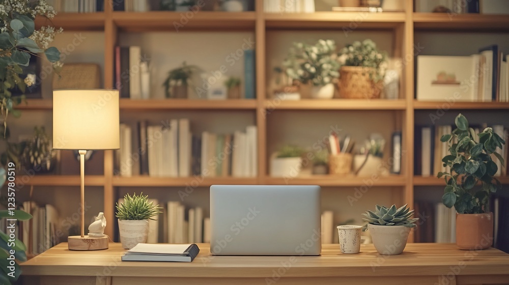 Laptop on home office desk, bookshelf background, night Laptop on home office desk, bookshelf background, night