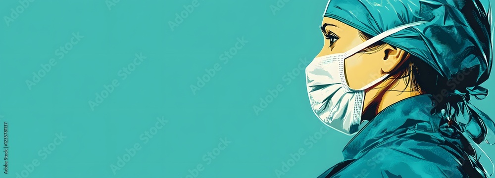 A person in a surgeon is uniform, ready for the operating room, empty background for text