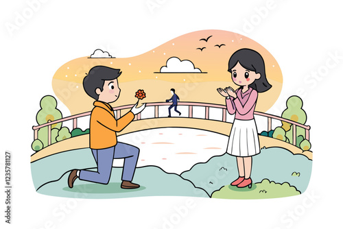 Cartoon illustration art of a man proposing to his girlfriend on a bridge.eps