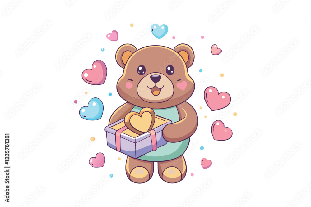 Obraz premium Cartoon illustration art of a teddy bear holding a heart-shaped box of chocolates.eps