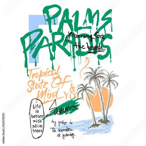 Hand drawn palm tree with big waves sunset print design.   spring summer t shirt design. sunset design. summer Palms paradise. vintage retro fashion. girls graphics. hand drawn beach print design.
