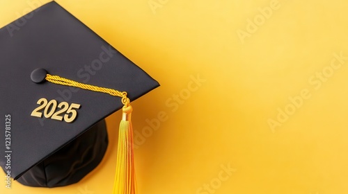 A black graduation cap with a golden โ€2025โ€ charm hanging from the tassel, placed against a solid pastel yellow background, bright diffused lighting highlighting metallic details.