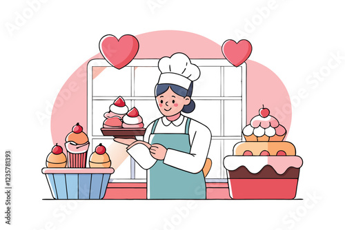 Cartoon illustration art of a woman decorating her bakery with Valentine?s Day cupcakes.eps photo