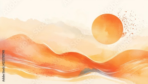 Abstract Orange Sunset Over Rolling Hills Landscape