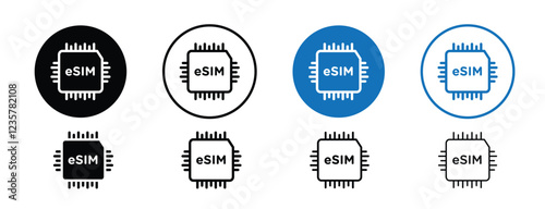 set of 8 pixel perfect e-sim icon with 1 unexpanded, 1 silhouette, E-SIM icon representing digital SIM card. Ideal for mobile, technology, and connectivity themes