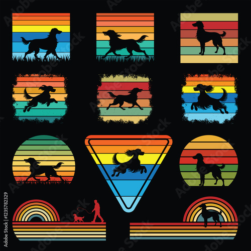Retro Sunset Scene with Irish Setter Dog Silhouette Bundle