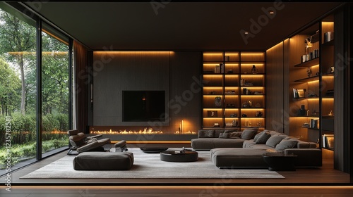 Wallpaper Mural Modern living room, forest view, fireplace, evening Torontodigital.ca