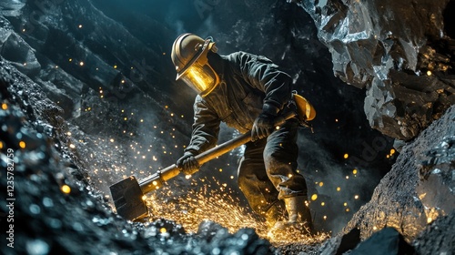A miner working underground, using a hammer to break rock and extract minerals.