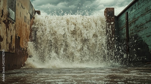 Powerful water surges over weathered walls.