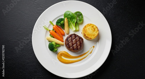 A gourmet dish featuring a grilled filet mignon, creamy potato gratin, colorful vegetables, and a rich sauce, elegantly plated on a white dish against a black textured background.