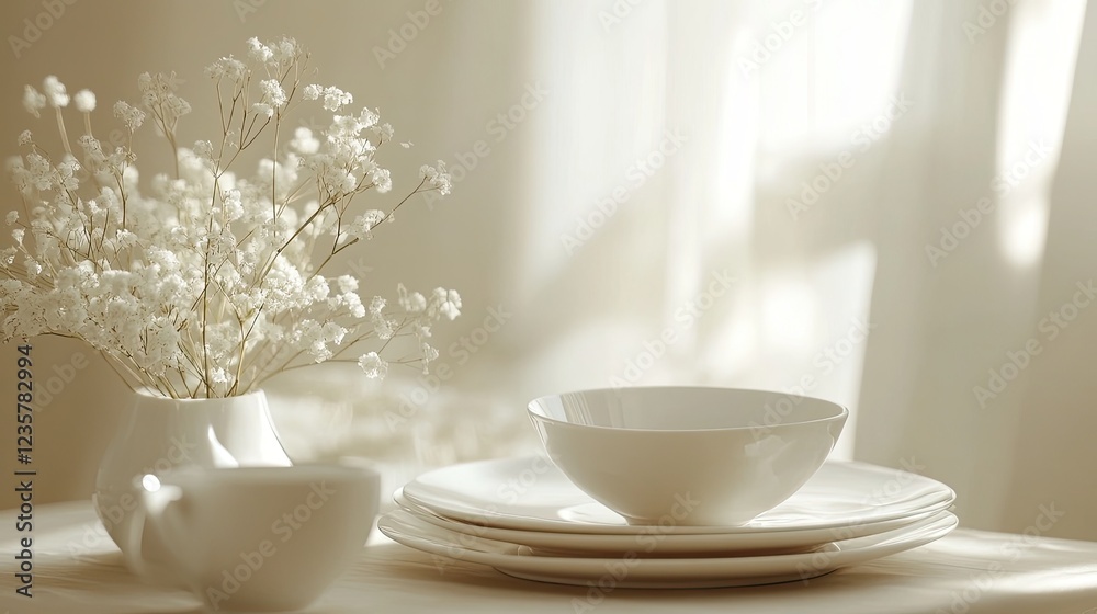 Elegant Still Life with White Dishes and Delicate Flowers in Warm Light Elegant Still Life with White Dishes and Delicate Flowers in Warm Light