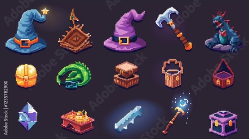 Imagine a collection of pixel art fantasy icons, including a wizard's hat, a magic wand, a dragon, and a treasure chest. 