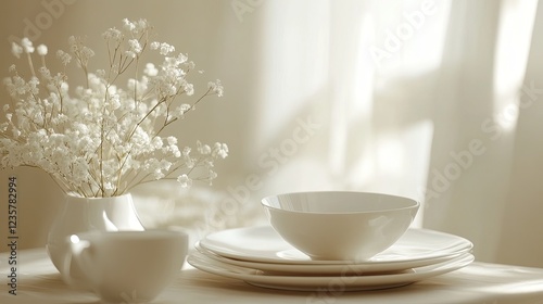 Wallpaper Mural Elegant Still Life with White Dishes and Delicate Flowers in Warm Light Torontodigital.ca