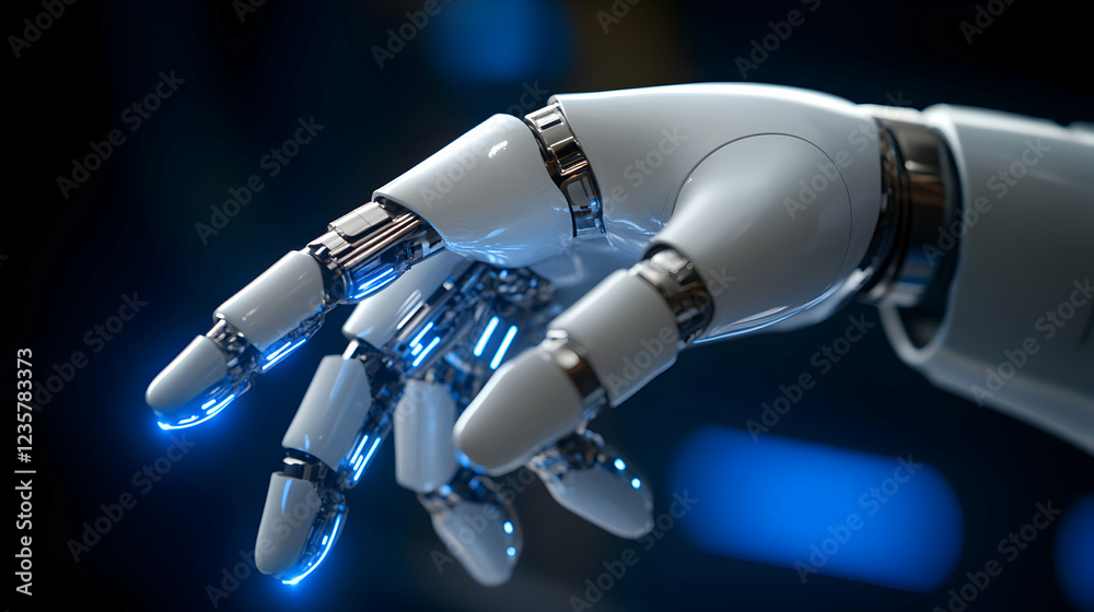 Fototapeta premium A close-up of a futuristic robotic hand, featuring intricate mechanical details and glowing blue accents, symbolizing advancements in robotics and artificial intelligence.
