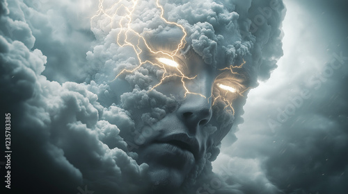 A surreal digital artwork of a human face made of storm clouds, with lightning bolts flashing from the eyes, representing rage and power. Generative AI.