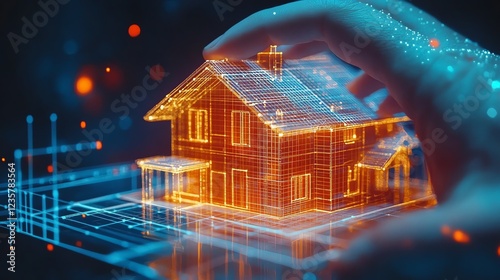 Professional hands securing a house on a foundation of financial growth graphs, investment stability, hyperrealistic,