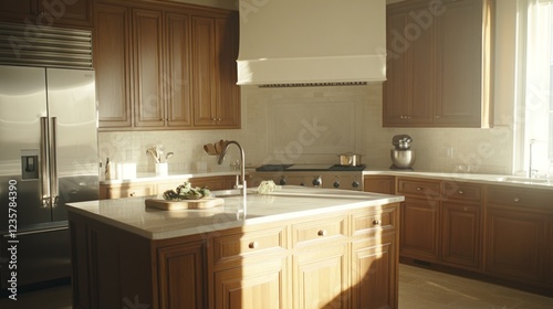 Sunlit luxury kitchen island, home interior, morning light, real estate