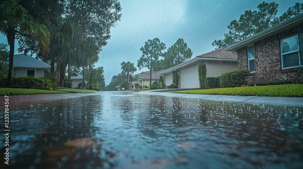 Flooded street, rain falling, suburban homes. Flooded street, rain falling, suburban homes.