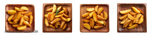 Fried Potatoes on wooden plate, isolated white, PNG set photo