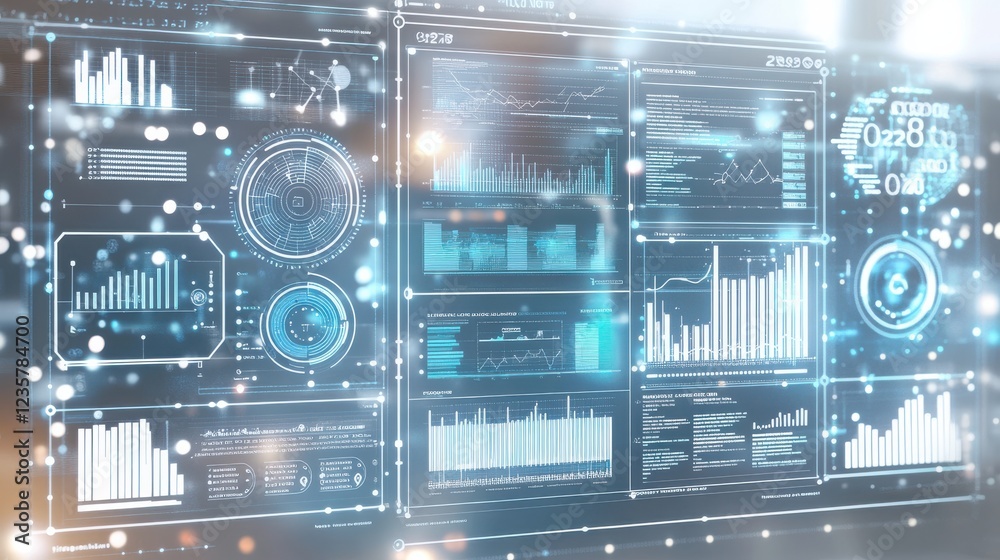 Futuristic data dashboard displaying analytics and graphs with glowing elements in a tech environment Futuristic data dashboard displaying analytics and graphs with glowing elements in a tech environment
