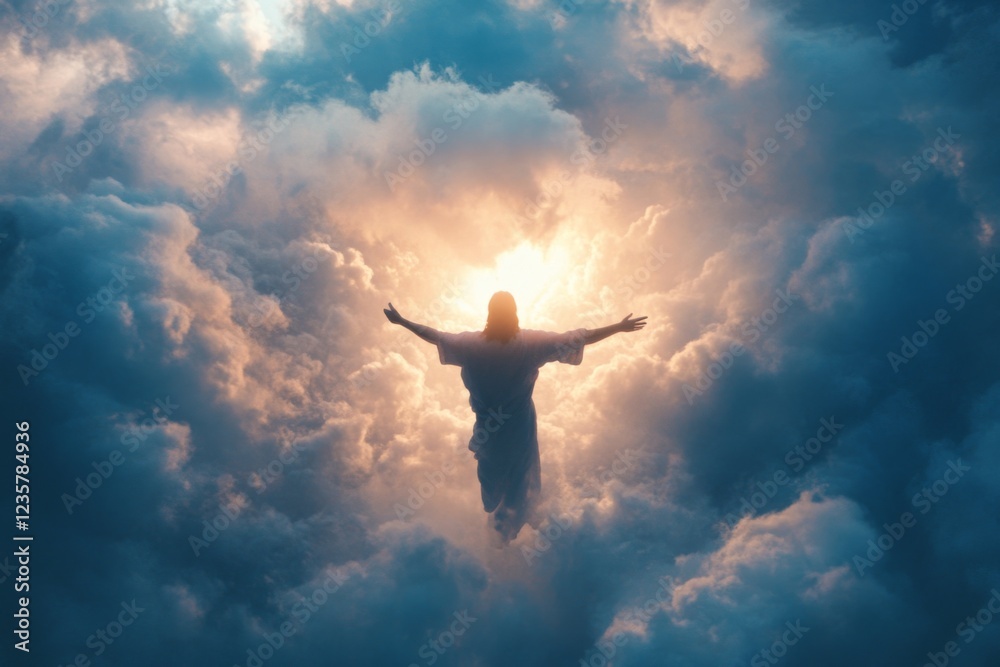 Jesus Christ in clouds with arms outstretched and rays of light shining Jesus Christ in clouds with arms outstretched and rays of light shining